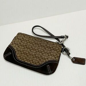 COACH Small Logo C BROWN / TAN Canvas & Leather Wristlet Silver Tone Hardware